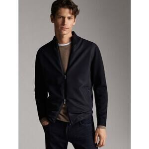 Massimo Dutti Extrafine Cotton Knit Jacket Contrast Sweater, Dark Blue